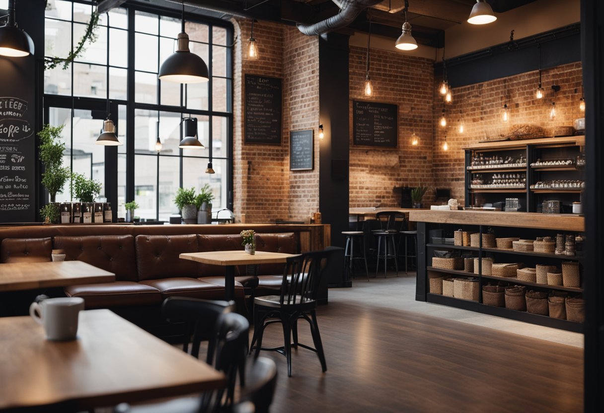 The coffee shop's interior features warm lighting, cozy seating, and a rustic decor with exposed brick walls and wooden accents. A chalkboard menu and shelves of coffee beans add to the inviting atmosphere