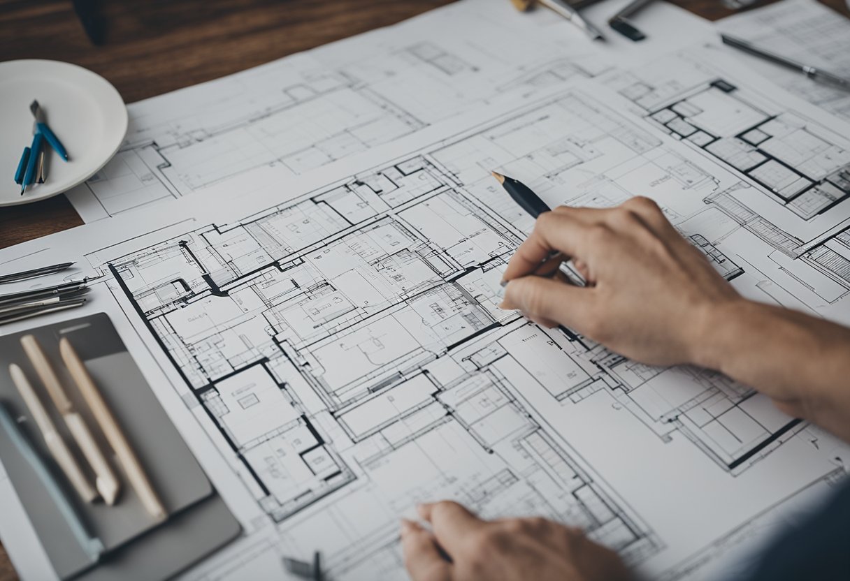 An interior designer sketching floor plans and choosing color palettes for a modern living room remodel