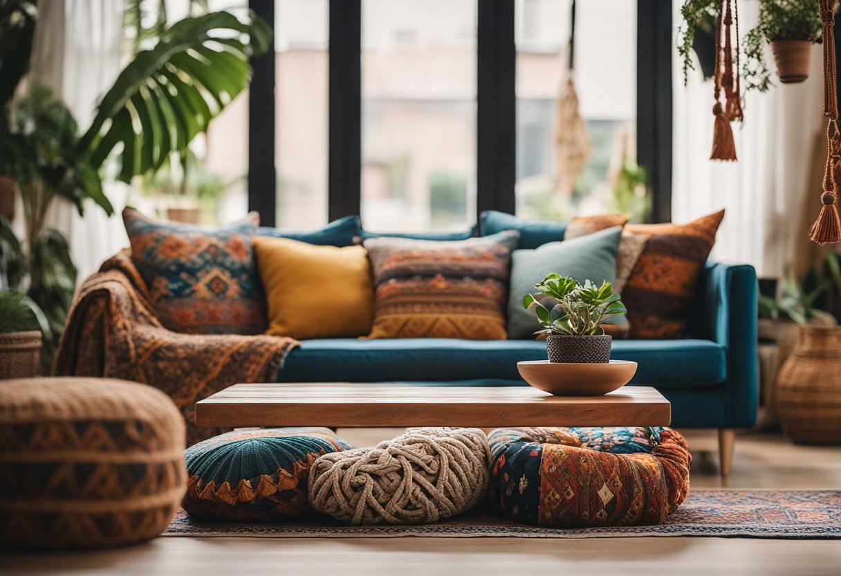 A cozy boho living room with a low-lying wooden coffee table, floor cushions, and a mix of colorful patterned rugs and throw pillows. A hanging macramé plant holder and a vintage tapestry complete the eclectic look