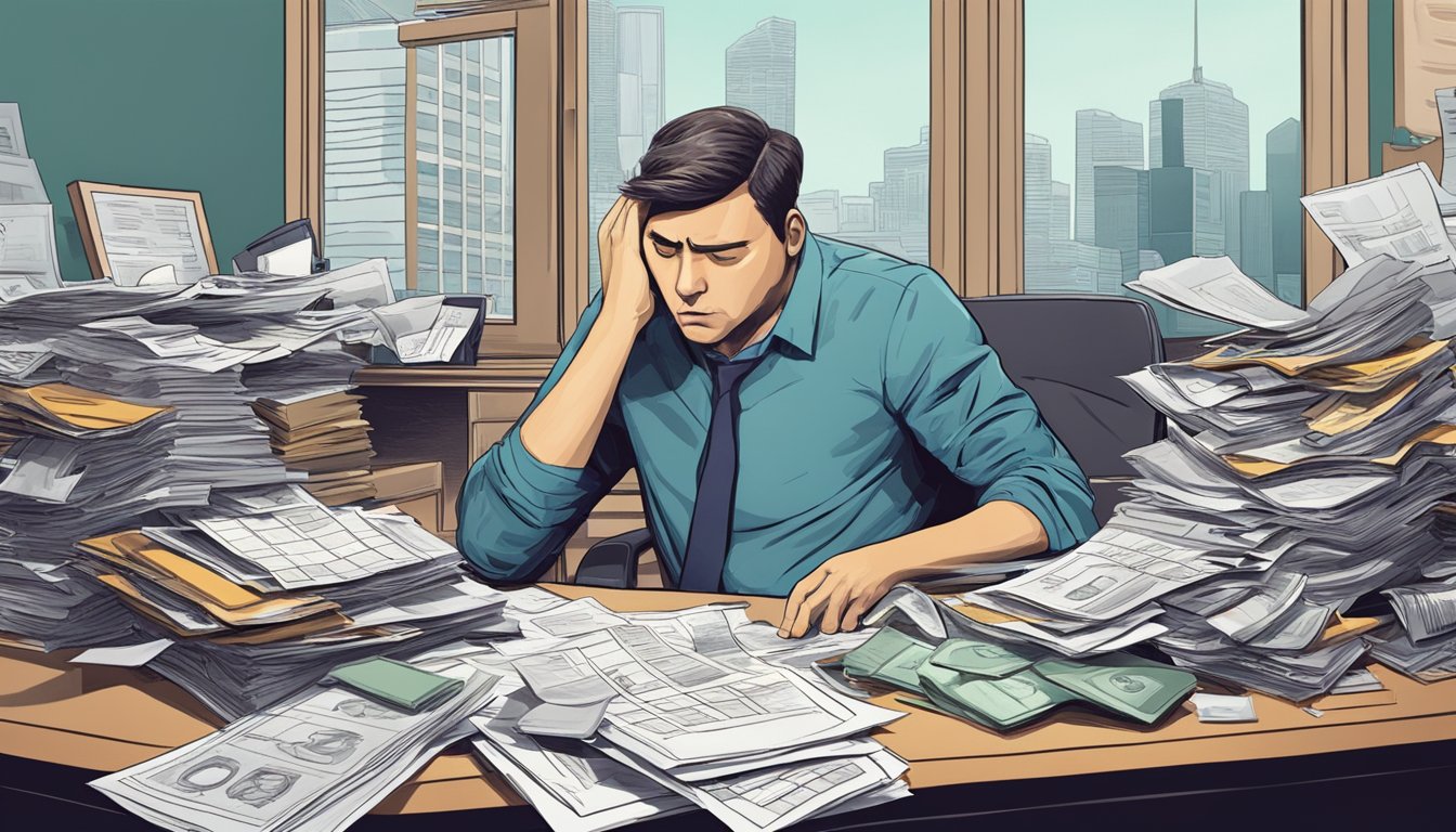 A person sits at a cluttered desk, staring at bills and financial statements with a look of frustration and worry on their face