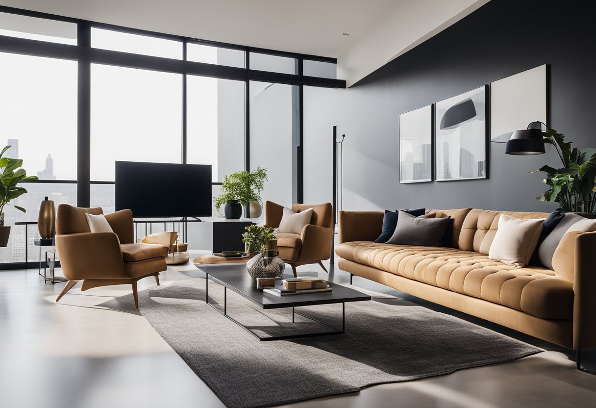A sleek, modern living room with a statement wall, designer furniture, and curated decor. Natural light floods the space, highlighting the sophisticated color palette and luxurious textures