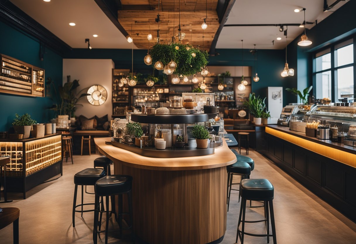 The coffee shop interior features a blend of global inspirations and local designer elements, with vibrant colors, eclectic furniture, and an inviting atmosphere