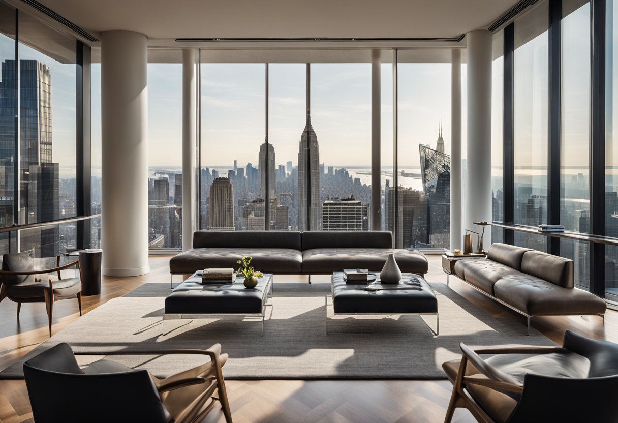 A sleek, modern living room with floor-to-ceiling windows, showcasing the skyline of New York City. The room is elegantly furnished with a mix of contemporary and classic pieces, highlighting the finest interior design talent in the city