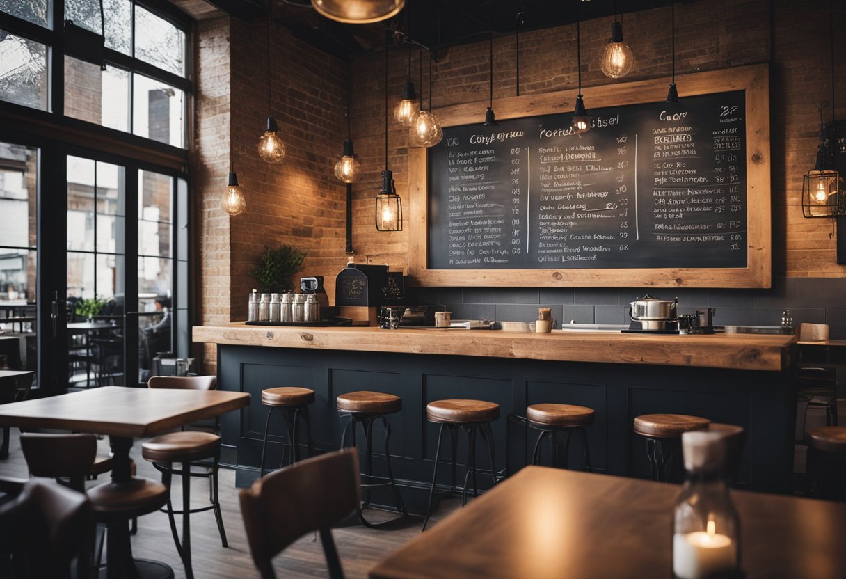 The coffee shop interior features cozy seating, warm lighting, and a display of frequently asked questions. A chalkboard menu and rustic decor add to the inviting atmosphere