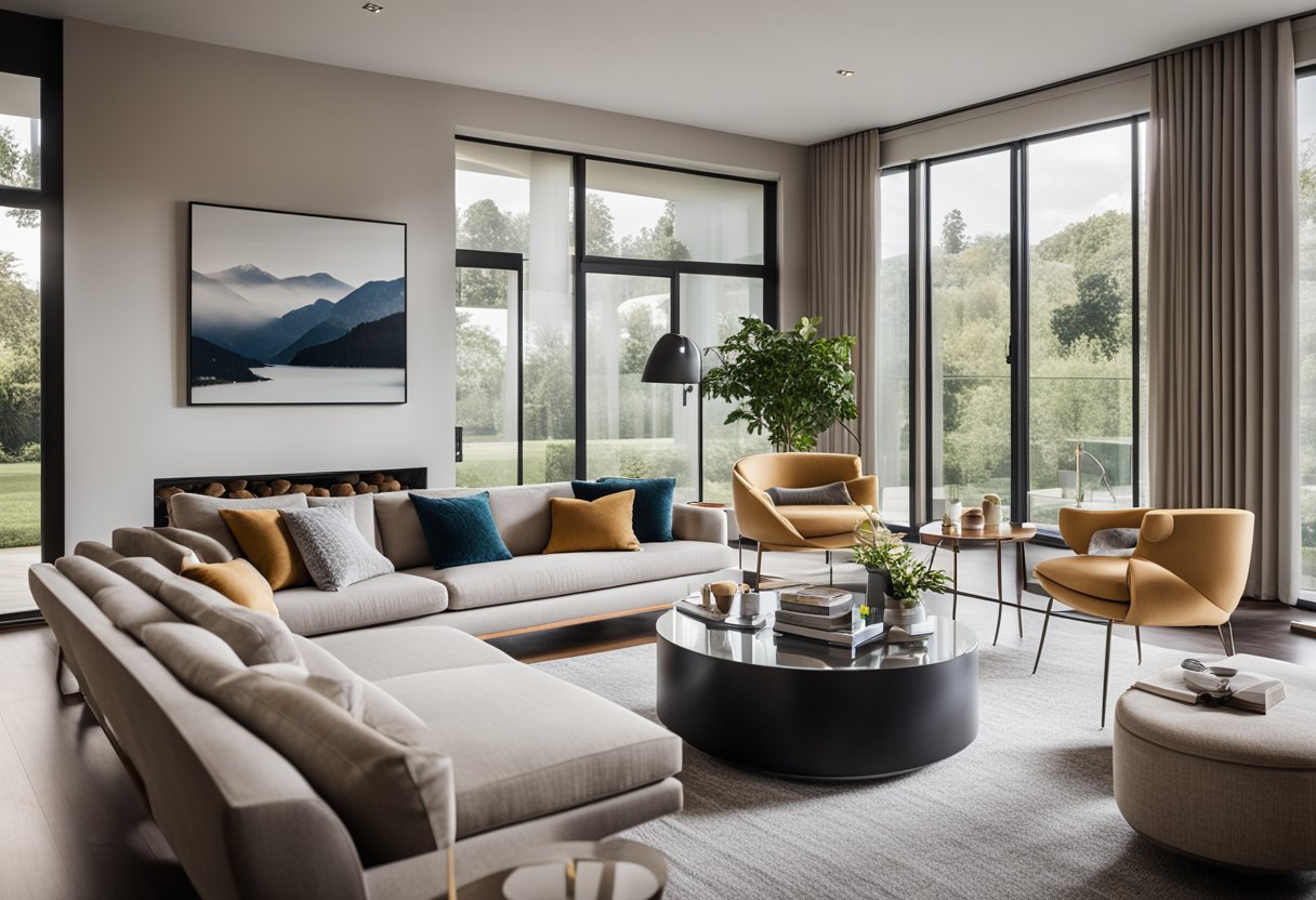 A modern living room with sleek furniture, neutral colors, and pops of vibrant accents. Large windows allow natural light to fill the space, creating a warm and inviting atmosphere