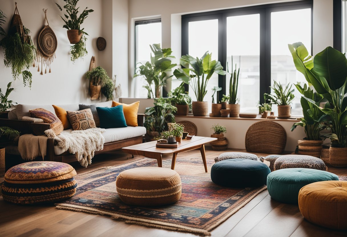 A cozy boho living room with layered rugs, hanging plants, and colorful throw pillows. A low wooden coffee table with bohemian decor and floor cushions for seating