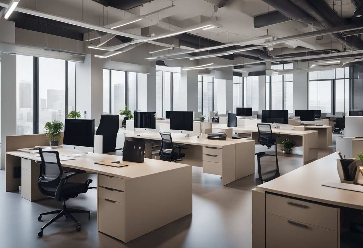 A sleek, modern office space with clean lines, neutral color palette, and stylish furniture. A large desk with a computer, architectural drawings, and design samples neatly arranged