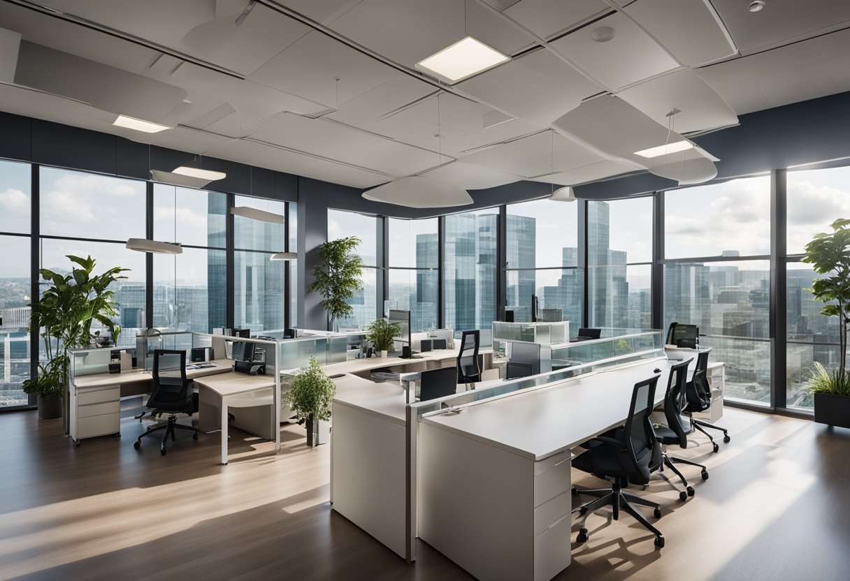 An open office with modern furniture, glass partitions, and a sleek reception area. Light streams in through large windows, creating a bright and inviting space