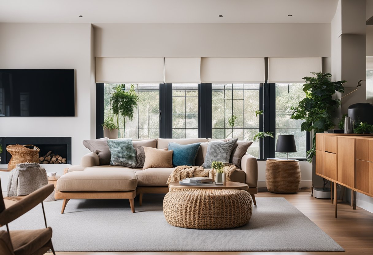 A cozy living room with custom furniture and clever storage solutions. Bright colors and natural light create a welcoming atmosphere