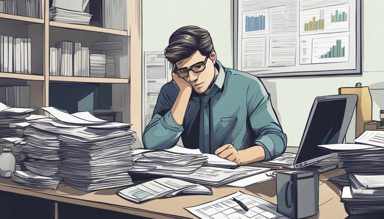 A person sitting at a desk, surrounded by paperwork and financial documents, with a concerned expression on their face. A calculator and a computer are in front of them as they try to figure out a plan for managing their loan repayment difficulties