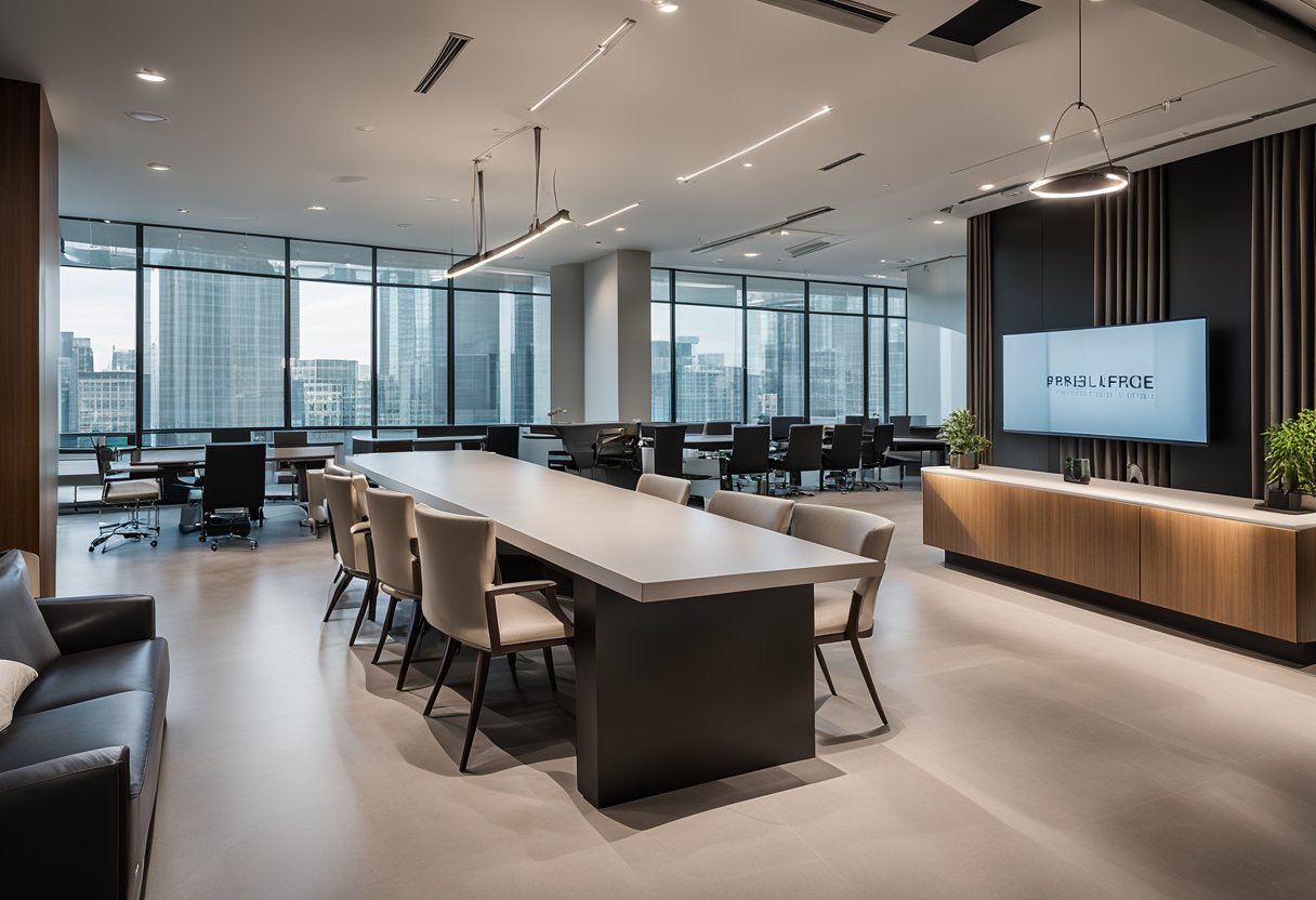 A sleek, modern interior space with well-lit display areas showcasing professional design projects. Clean lines, elegant furniture, and a cohesive color scheme create a sophisticated atmosphere for meeting with clients and potential employers