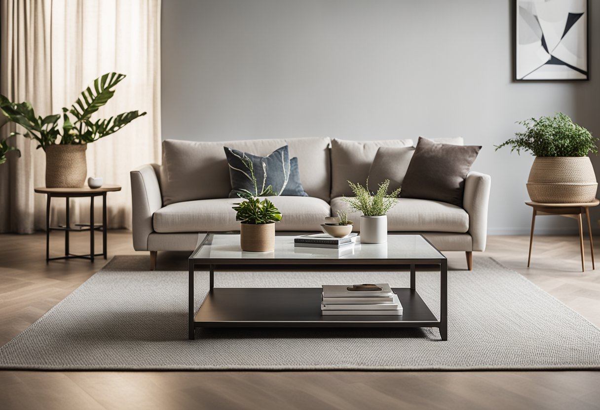 A well-lit living room with a modern sofa, coffee table, and accent chair. Neutral colors and clean lines create a minimalist yet inviting space