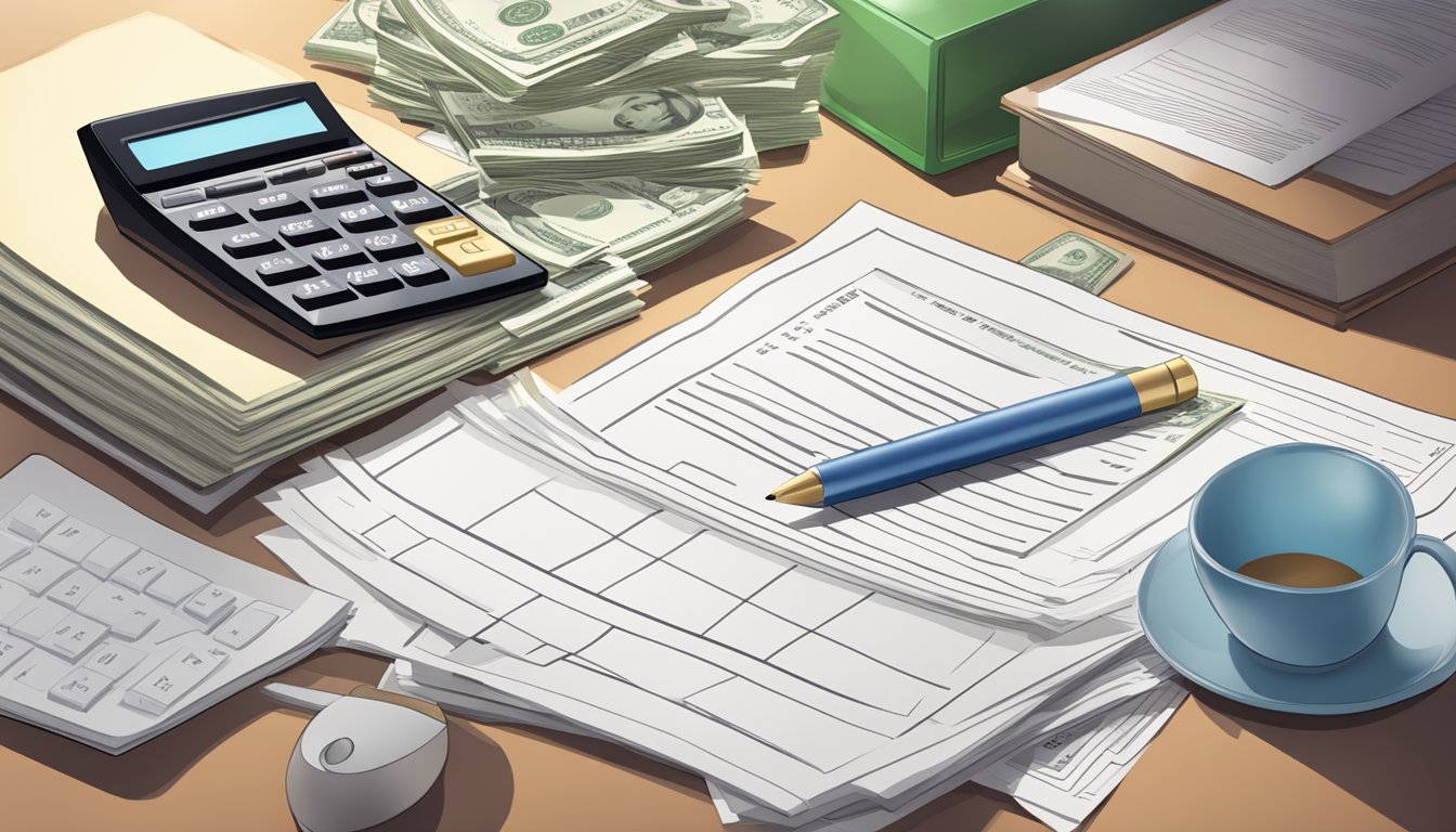 A stack of money, a calculator, and a contract on a desk