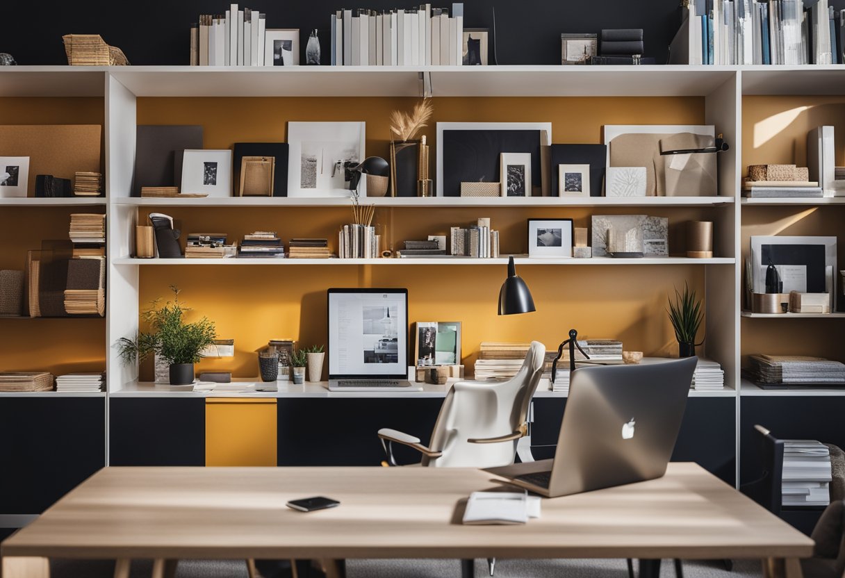 A stylish, modern interior design studio in NYC with a sleek desk, colorful fabric swatches, mood boards, and design magazines neatly organized on shelves