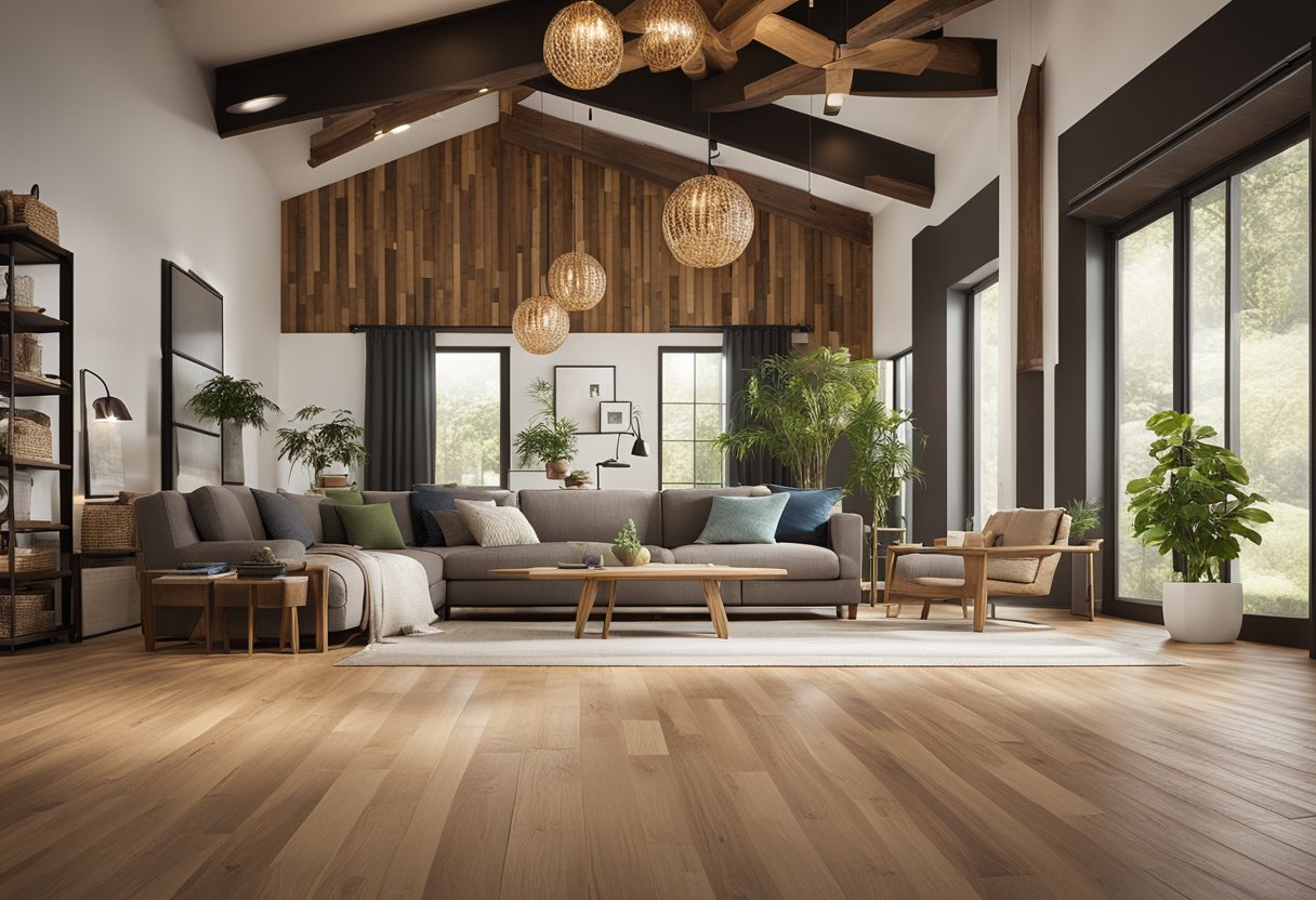 A room furnished with eco-friendly materials like bamboo flooring, reclaimed wood furniture, and recycled glass accents. Energy-efficient lighting illuminates the space