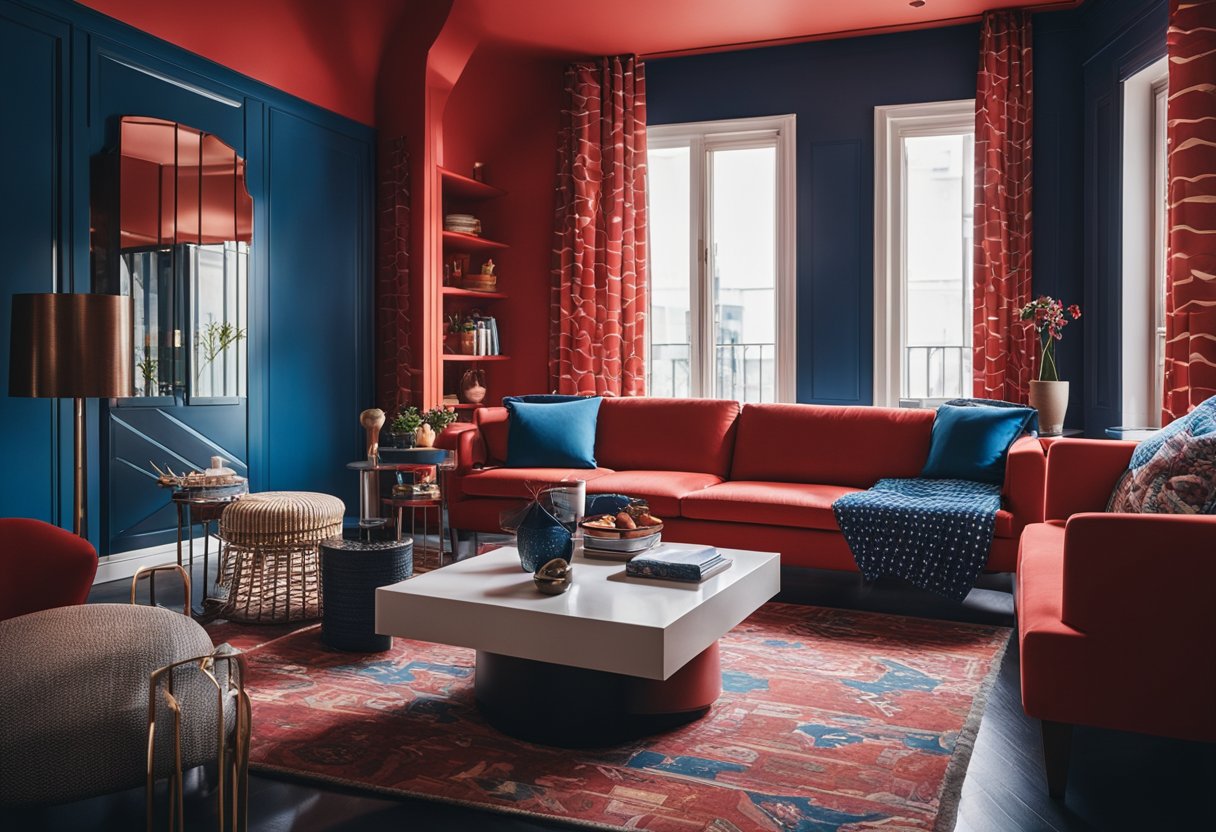A red and blue interior with bold patterns and modern furniture