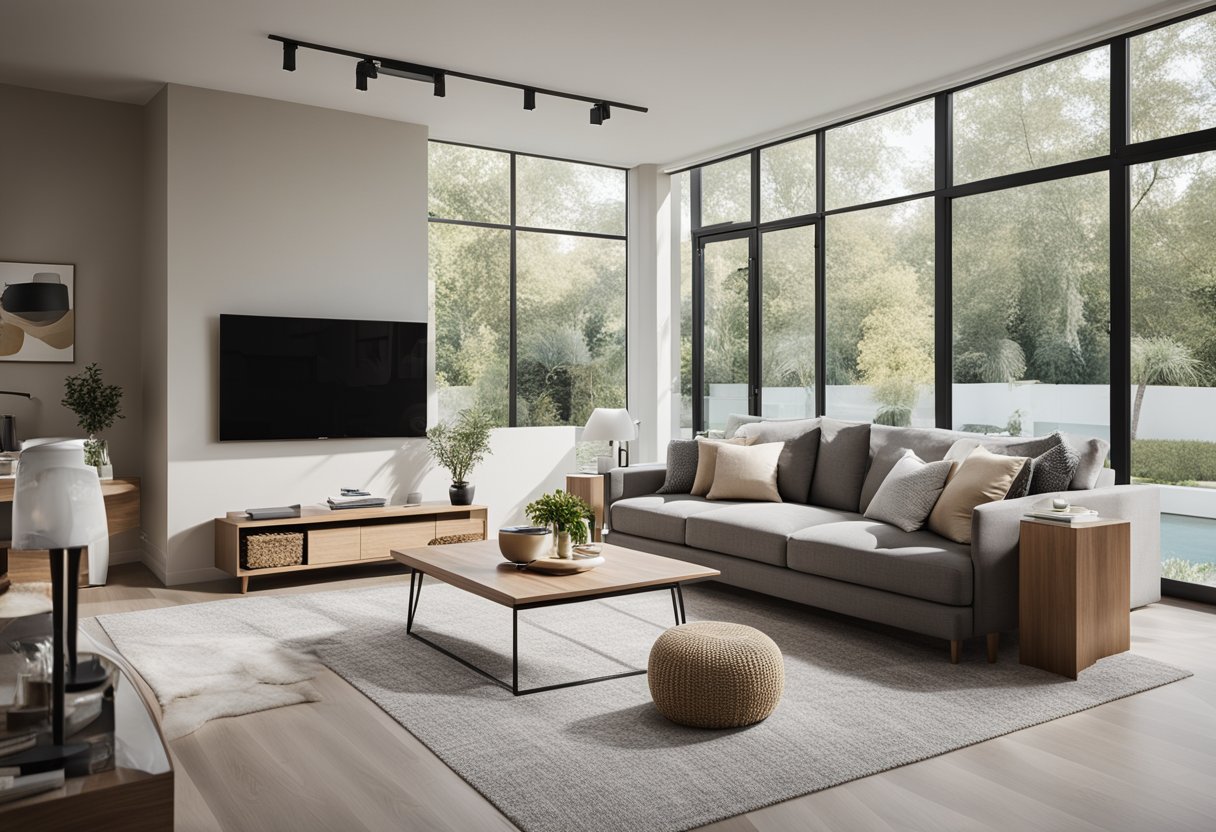 A spacious living room with modern furniture, a neutral color palette, and large windows letting in natural light
