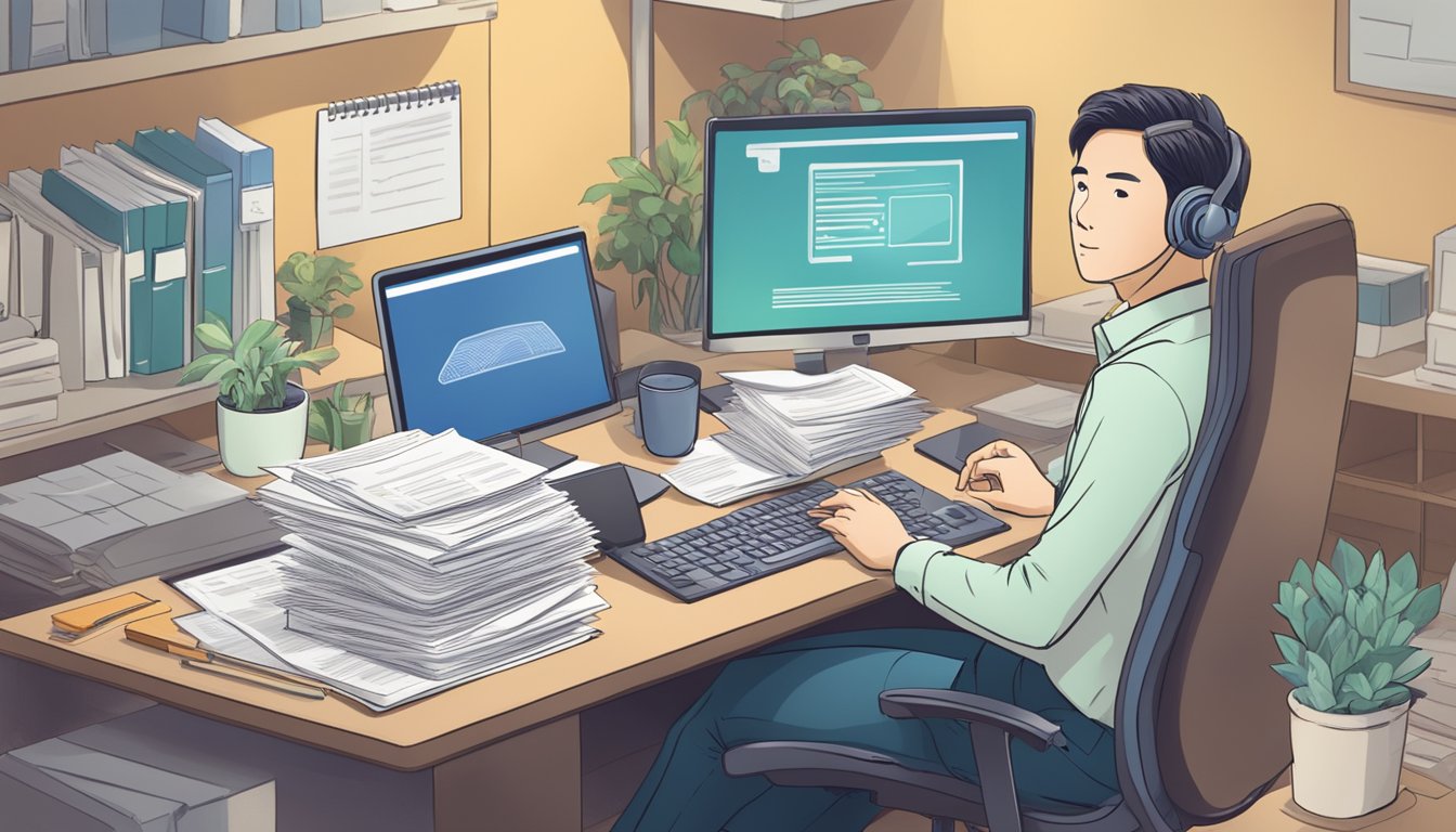 A person sitting at a desk, surrounded by paperwork and a computer, with a sign reading "Frequently Asked Questions: Hong Leong Finance Personal Loan" displayed prominently