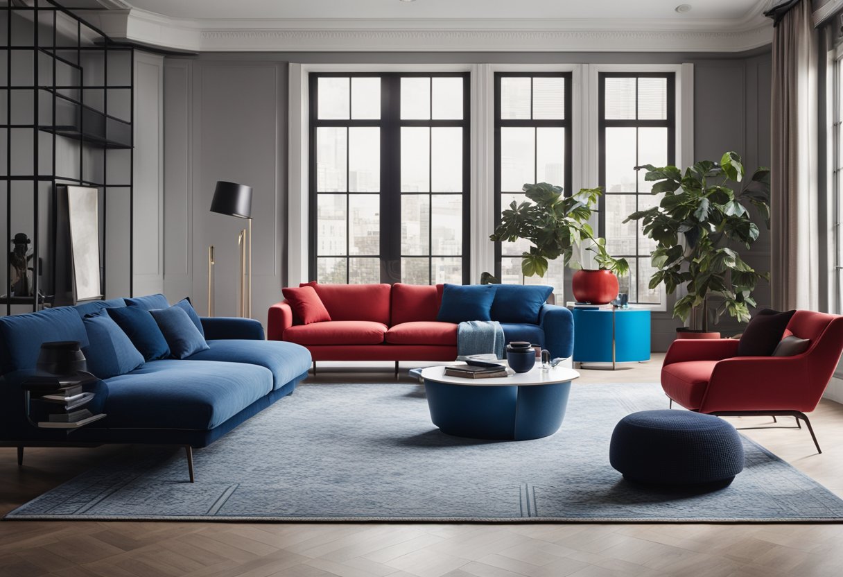 A modern living room with red and blue furniture, geometric patterns, and contrasting accents. The space is well-lit with natural light and features clean lines and a minimalist aesthetic