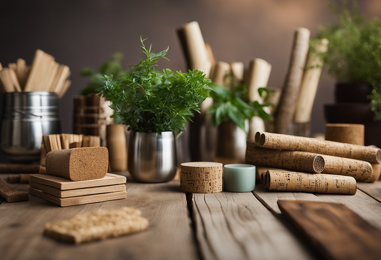 Various sustainable interior design materials, such as bamboo, cork, reclaimed wood, and recycled glass, are arranged neatly on a table. A natural color palette and eco-friendly textures are evident
