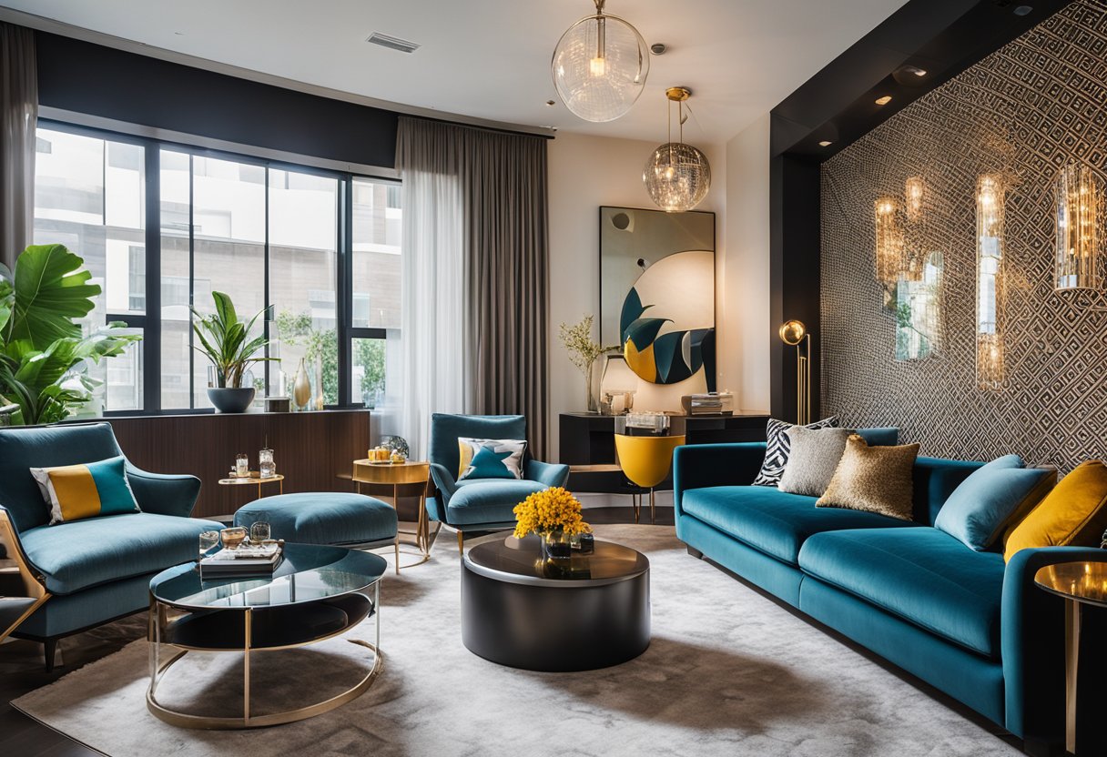 A modern living room with sleek furniture and bold patterns, accented by vibrant artwork and statement lighting fixtures