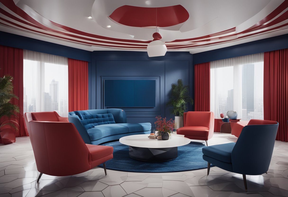 A modern red and blue interior with sleek furniture and geometric patterns
