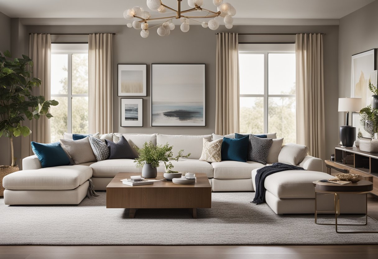 A modern living room with sleek furniture, neutral colors, and pops of vibrant accents. Large windows let in natural light, and a cozy rug anchors the space
