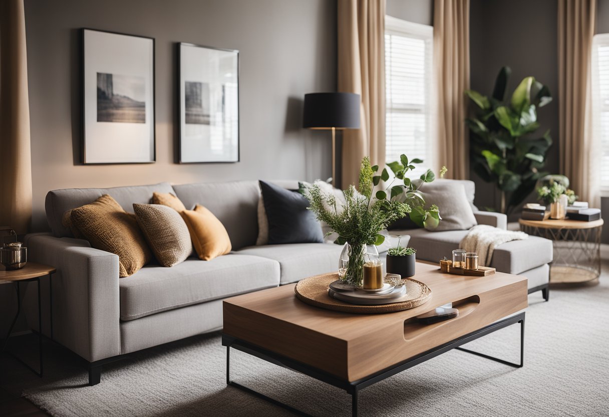 A cozy living room with warm lighting, a plush sofa, and a stylish coffee table. The room features elegant decor and a pop of color, creating a harmonious and inviting atmosphere