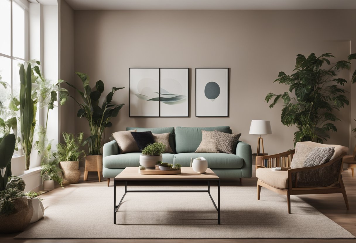 A well-lit living room with modern furniture and a cozy color scheme. A large window allows natural light to flood the space, while plants and artwork add a touch of personality