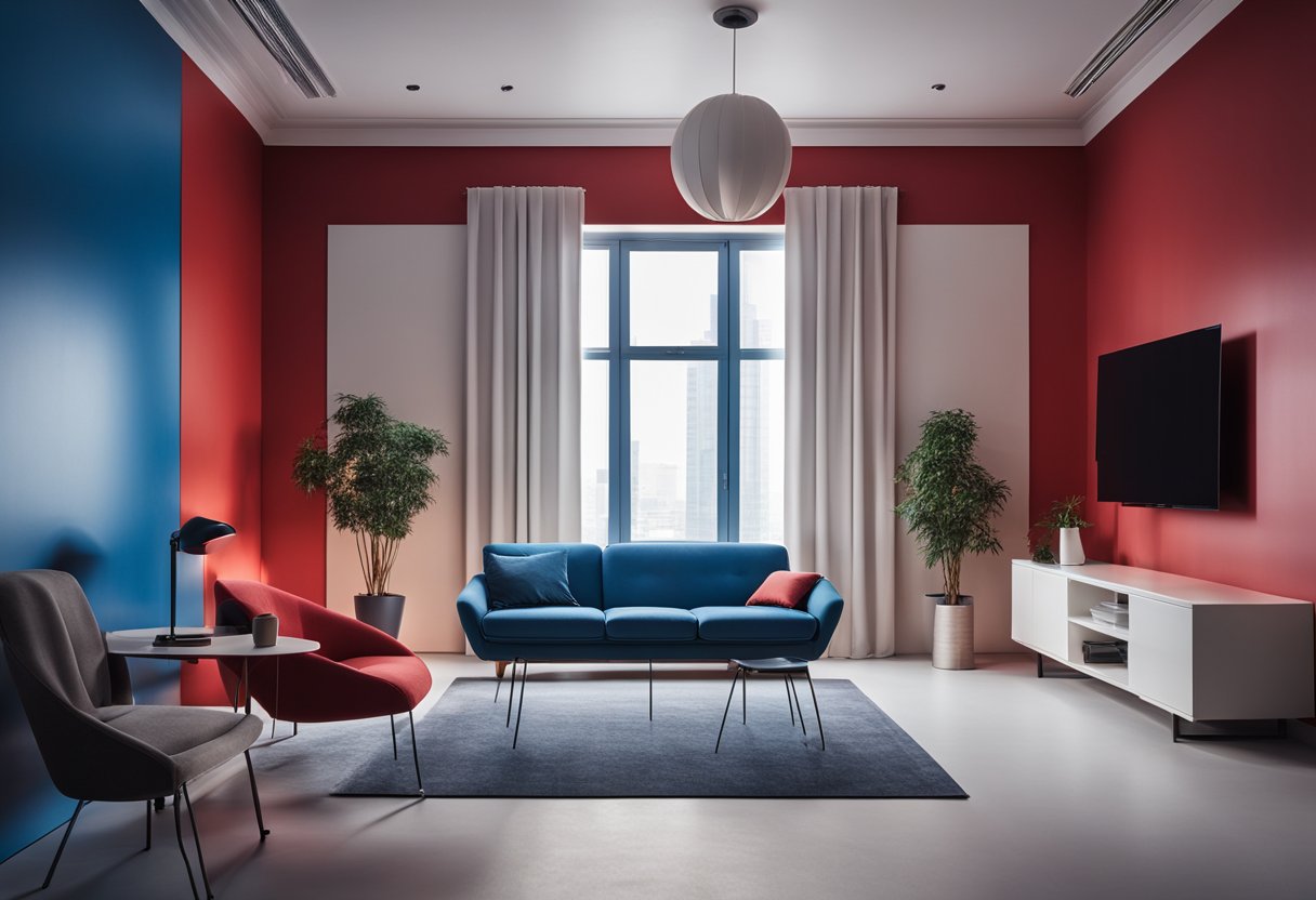 A modern, minimalist room with red and blue color scheme, sleek furniture, and geometric patterns on the walls