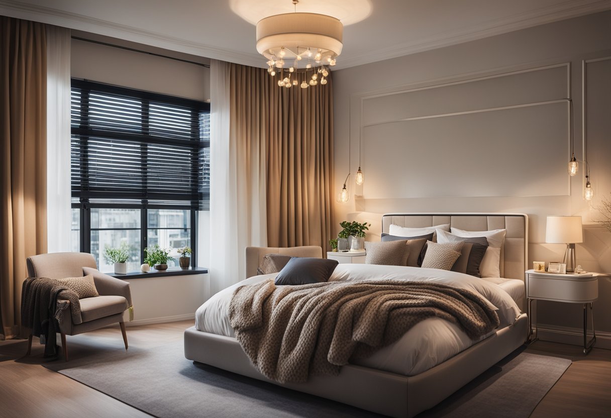 A cozy bedroom with warm lighting, a plush bed with soft pillows, a sleek desk with a comfortable chair, and a large window with flowing curtains