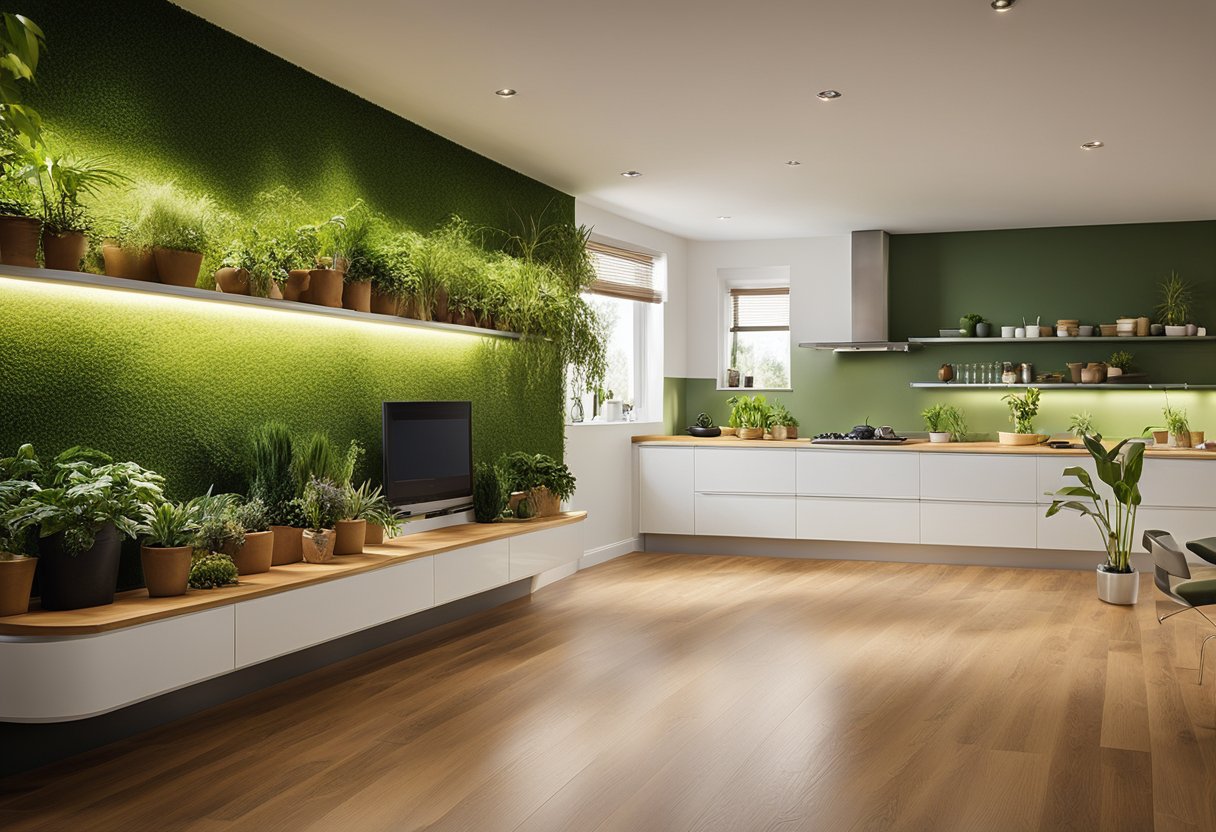 A room with sustainable materials: bamboo flooring, recycled glass countertops, and low VOC paint on the walls. Energy-efficient LED lighting illuminates the space, while indoor plants provide natural air purification