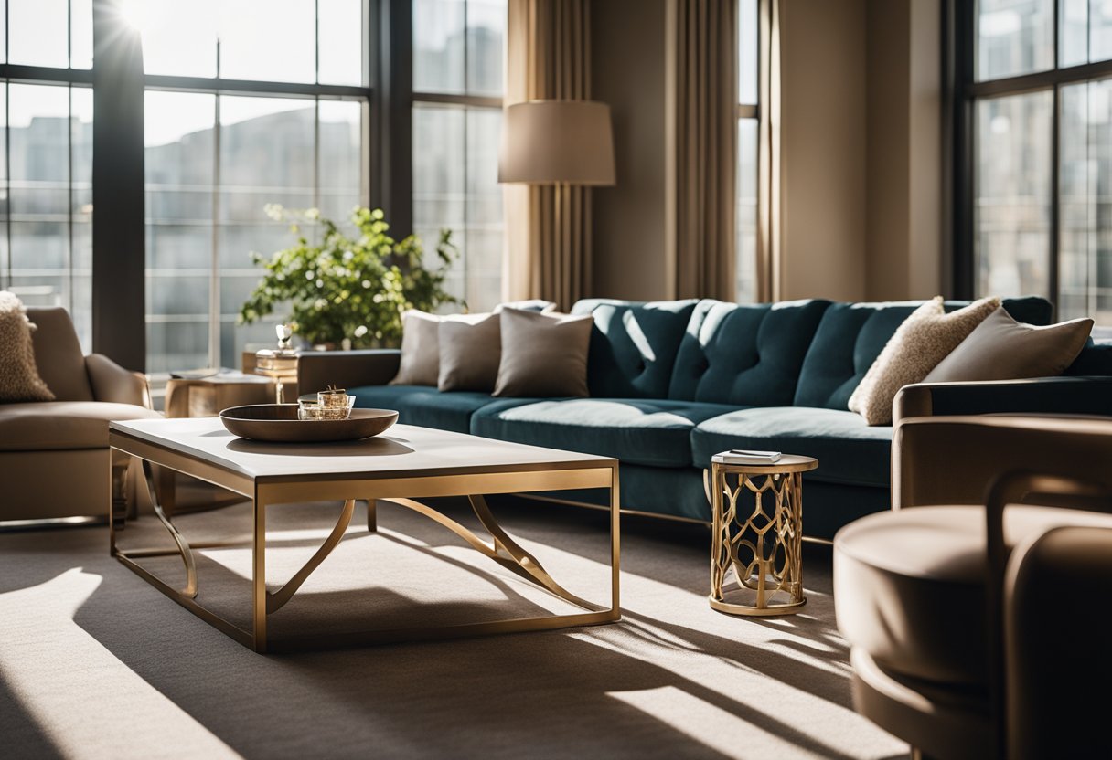 Sunlight streams through large windows, casting warm, inviting shadows on plush seating and elegant decor. The room exudes comfort and sophistication, with carefully curated accents and a harmonious color palette