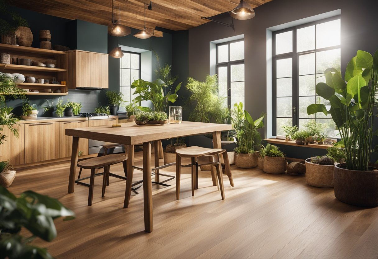 A room with eco-friendly materials like bamboo flooring, recycled glass countertops, and reclaimed wood furniture. Plants and natural light enhance the sustainable design