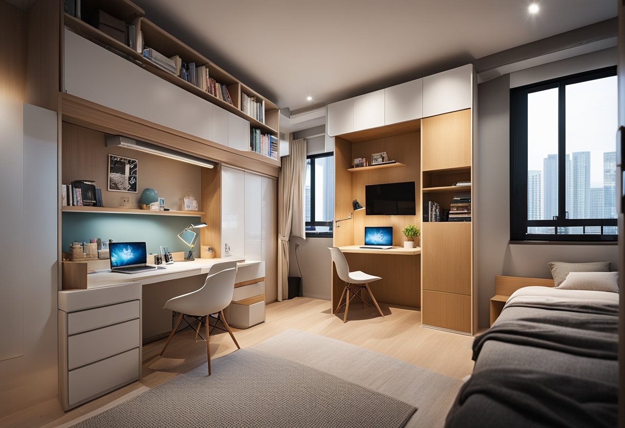 A cozy HDB bedroom with clever space-saving solutions, like a fold-down desk, built-in storage, and a loft bed with a compact wardrobe underneath