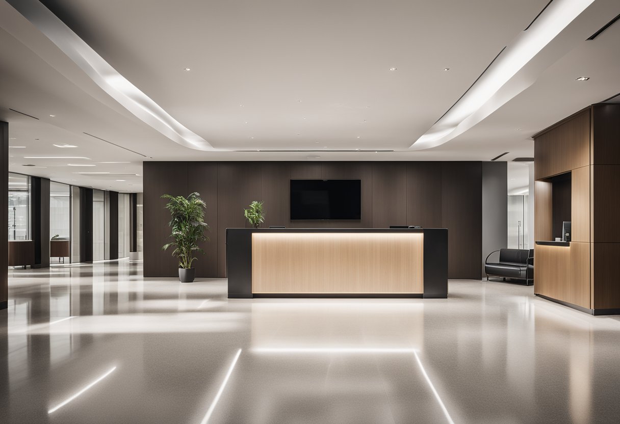 A spacious, well-lit office lobby with modern furniture and a sleek reception desk. Clean lines, neutral colors, and a minimalist aesthetic define the space