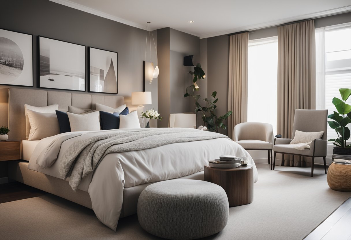 A sleek, modern master bedroom with a neutral color palette, a cozy reading nook, and ample storage solutions