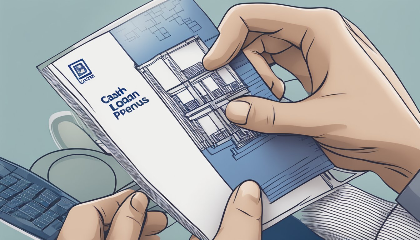 A hand holding a UOB CashPlus Personal Loan brochure with a bank logo in the background