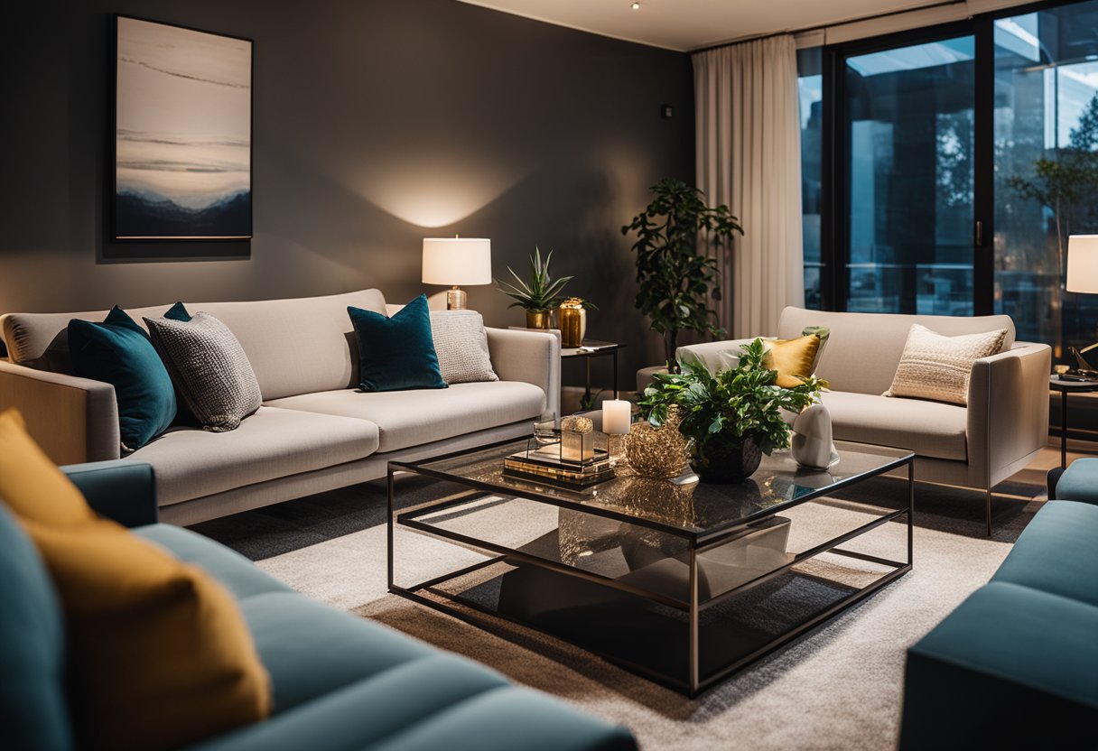 A cozy living room with modern furniture, warm lighting, and pops of color. A sleek coffee table sits in the center, surrounded by comfortable seating and stylish decor