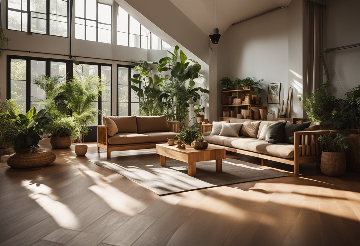 A cozy living room with earthy tones, wooden furniture, and plenty of greenery. Sunlight streams in through large windows, casting warm shadows on the floor