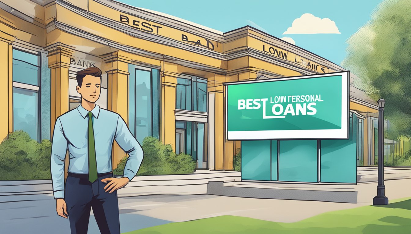 A person holding a sign that reads "Best low interest personal loans" with a bank in the background