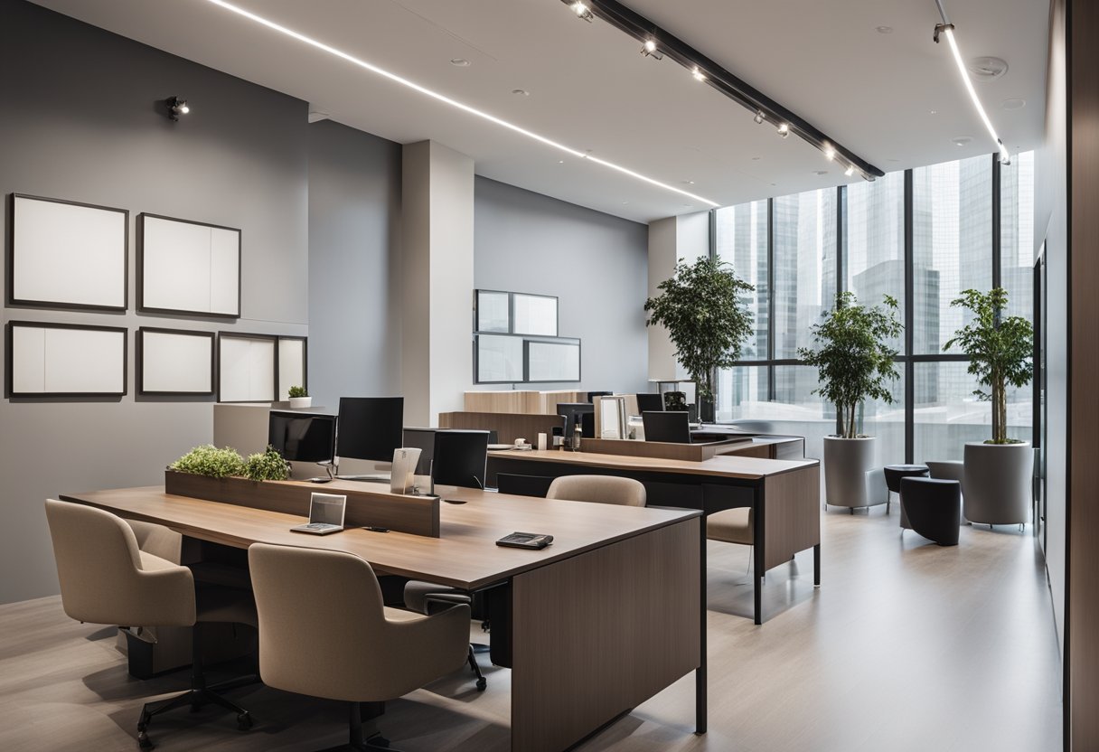 A modern commercial space with clean lines, neutral colors, and functional furniture. The design is sleek and professional, with ample lighting and a minimalist aesthetic