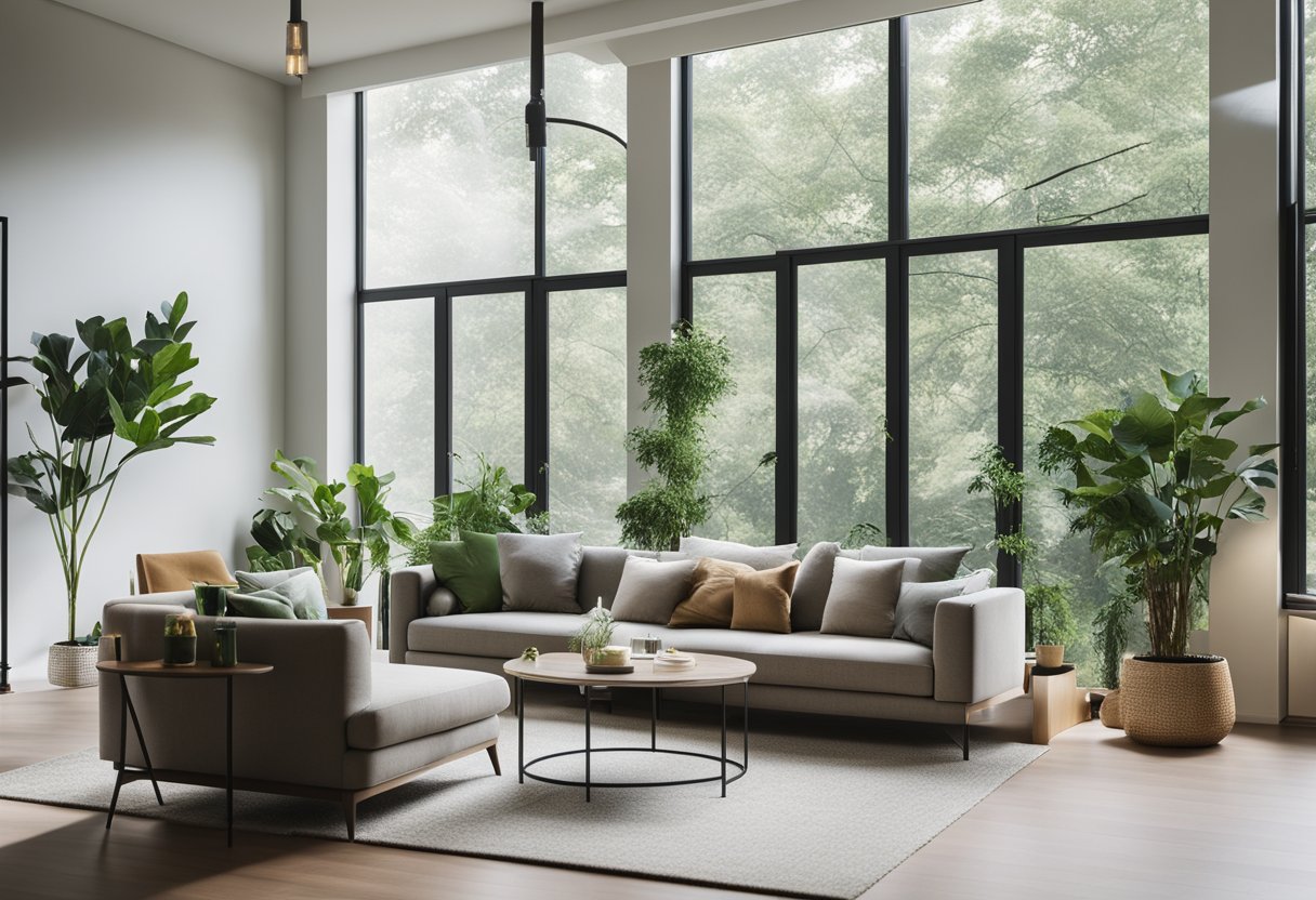 A modern, minimalist living room with natural light, clean lines, and a touch of greenery