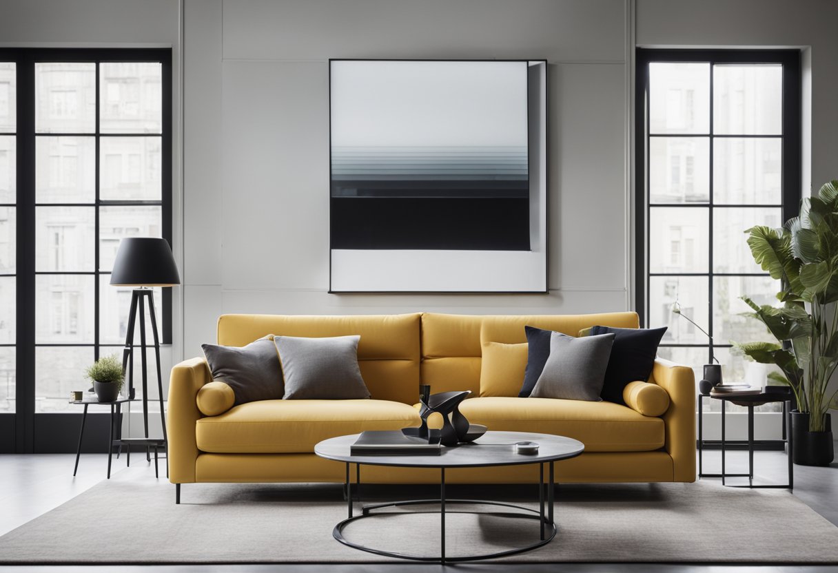 A sleek, modern living room with a monochromatic color scheme, clean lines, and minimalistic furniture. A large, abstract art piece hangs on the wall, adding a pop of color to the space