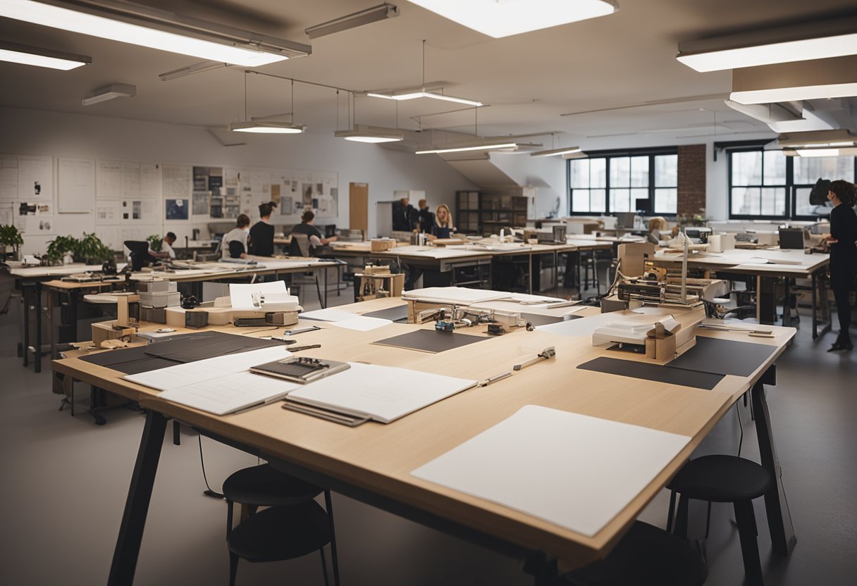 A bustling studio at Sheffield School of Interior Design, with drafting tables, mood boards, and students collaborating on design projects