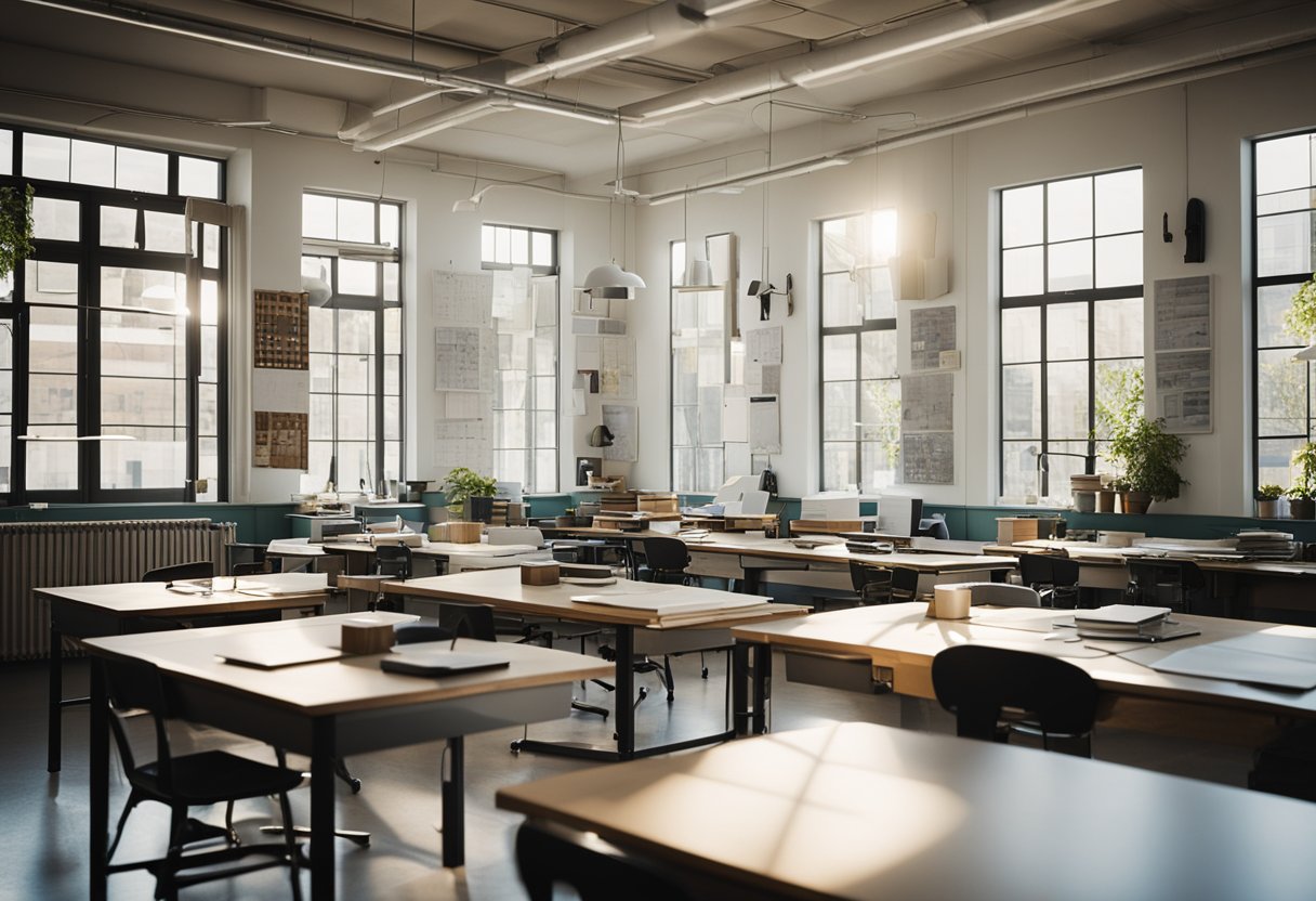 A classroom filled with drafting tables, mood boards, and design sketches. Bright natural light streams in through large windows, illuminating the creative space