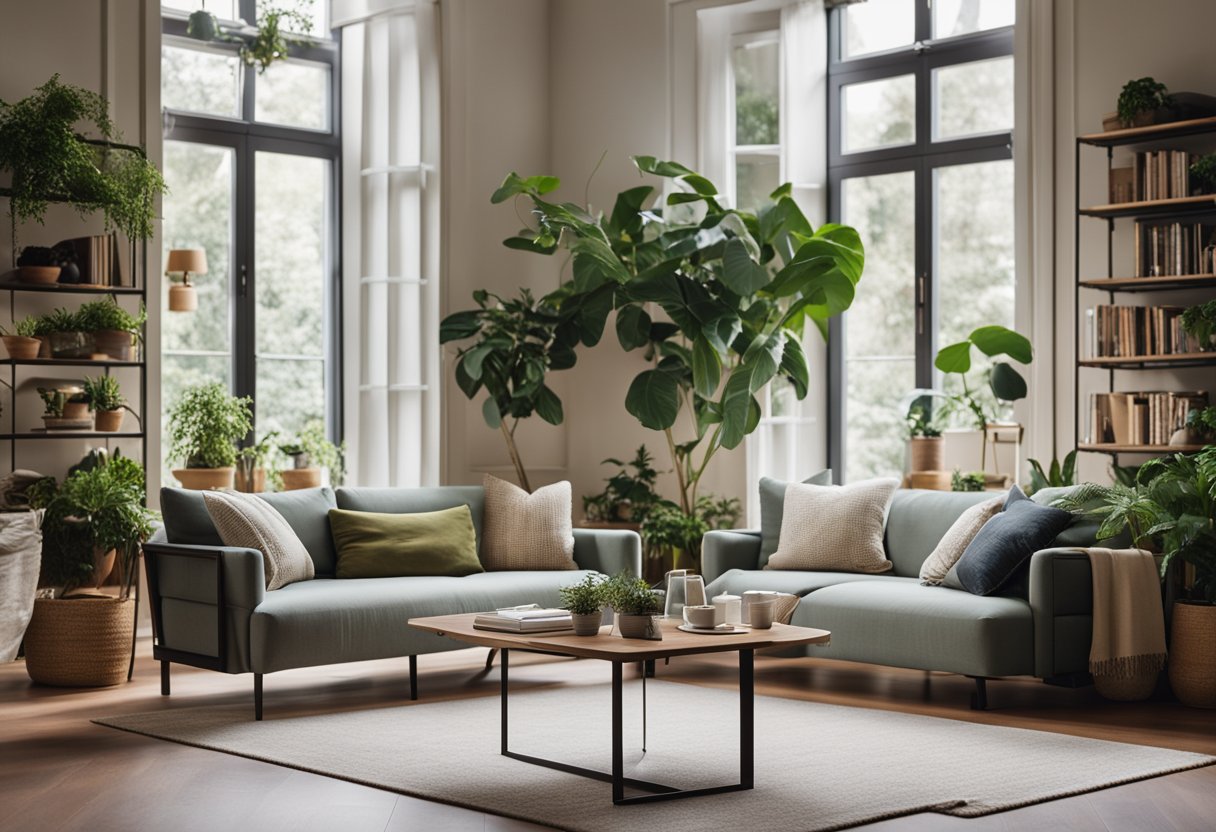 A cozy living room with a modern sofa, a stylish coffee table, and a bookshelf filled with interior design books. A large window lets in natural light, and potted plants add a touch of greenery