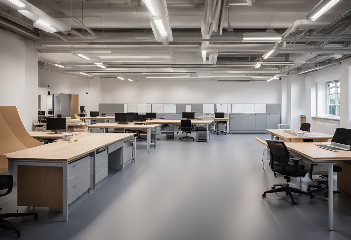 A modern, spacious studio at Professional Pathways Sheffield School of Interior Design, filled with drafting tables, mood boards, and design samples