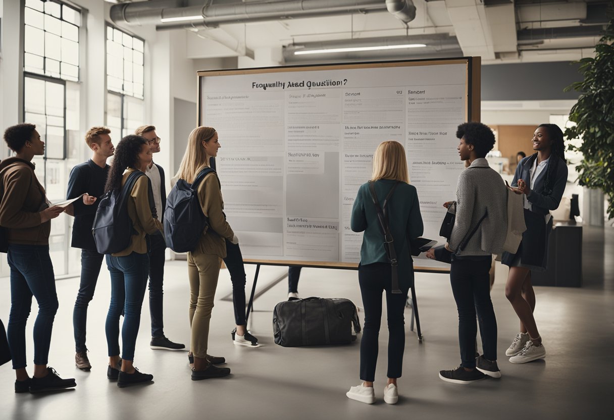 A group of students gather around a bulletin board labeled "Frequently Asked Questions" at Sheffield School of Interior Design. They eagerly read the information posted and discuss amongst themselves