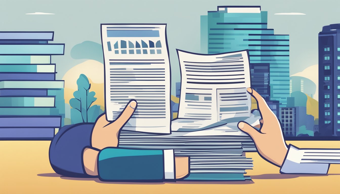 A person holding a stack of bills and a contract, with a bank in the background, symbolizing the concept of unsecured personal loans
